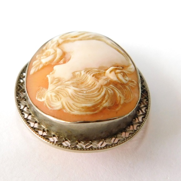 Antique 10K Solid White Gold Carved Cameo Brooch Art Deco Filigree Vintage - Picture 8 of 8